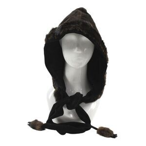 Designer Womens Suede Fur Trimmed Pom Pom Tassel Hooded Hat Black